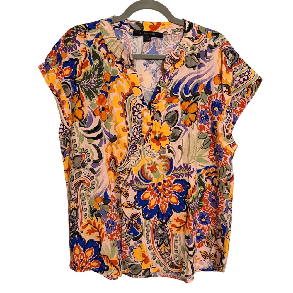 Cynthia Steffe Floral Paisley Blouse Top Large Artsy Vacation Resort Tropical